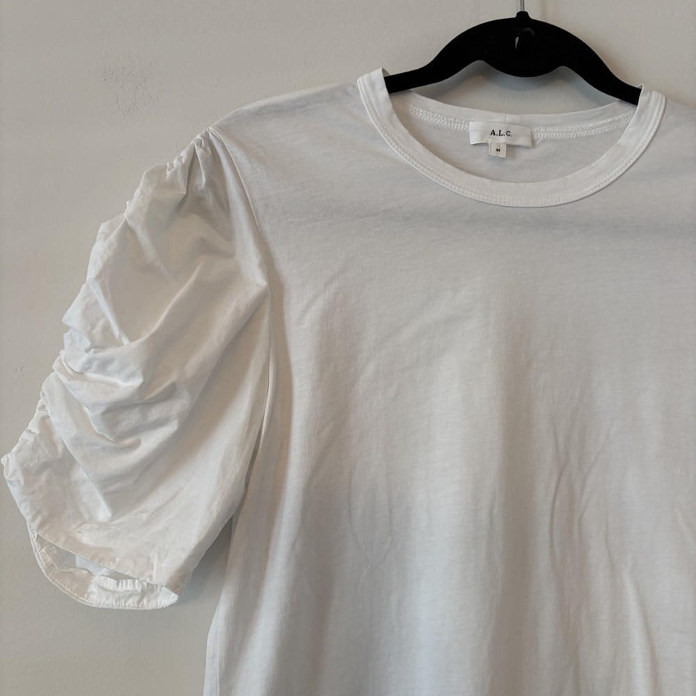 ALC 100% Cotton Ruched Puff Sleeve Top White M Minimalist Chic Career Staple USA - Picture 4 of 8